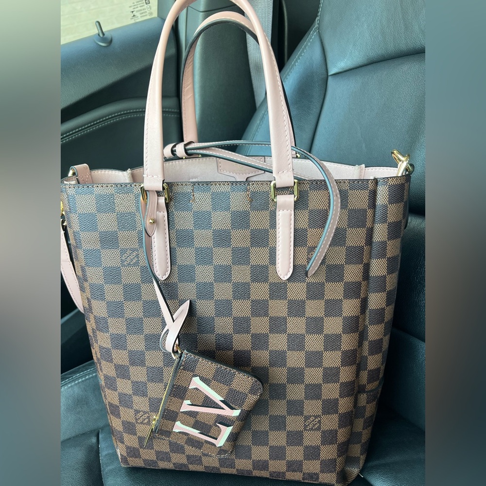 Checkered Brown Tote Bag with Pink Accents